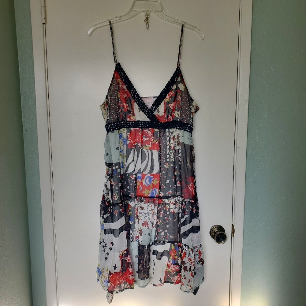 Romeo & Juliet Dark Floral Patchwork Tiered Skirt Empire Waist Dress Sz L Silk